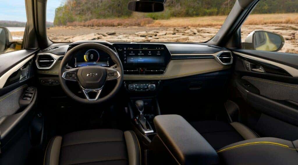View of front cabin in 2024 Chevrolet Trailblazer ACTIV with Jet Black with Artemis interior. Preproduction model shown. Actual production model may vary. Available in fall 2023.