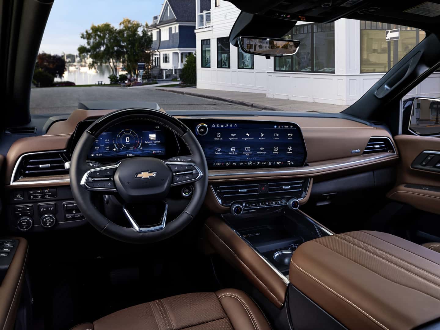 Driver view of the new interior on the 2025 Suburban High Country. Super Cruise available in 2025 after initial launch.
