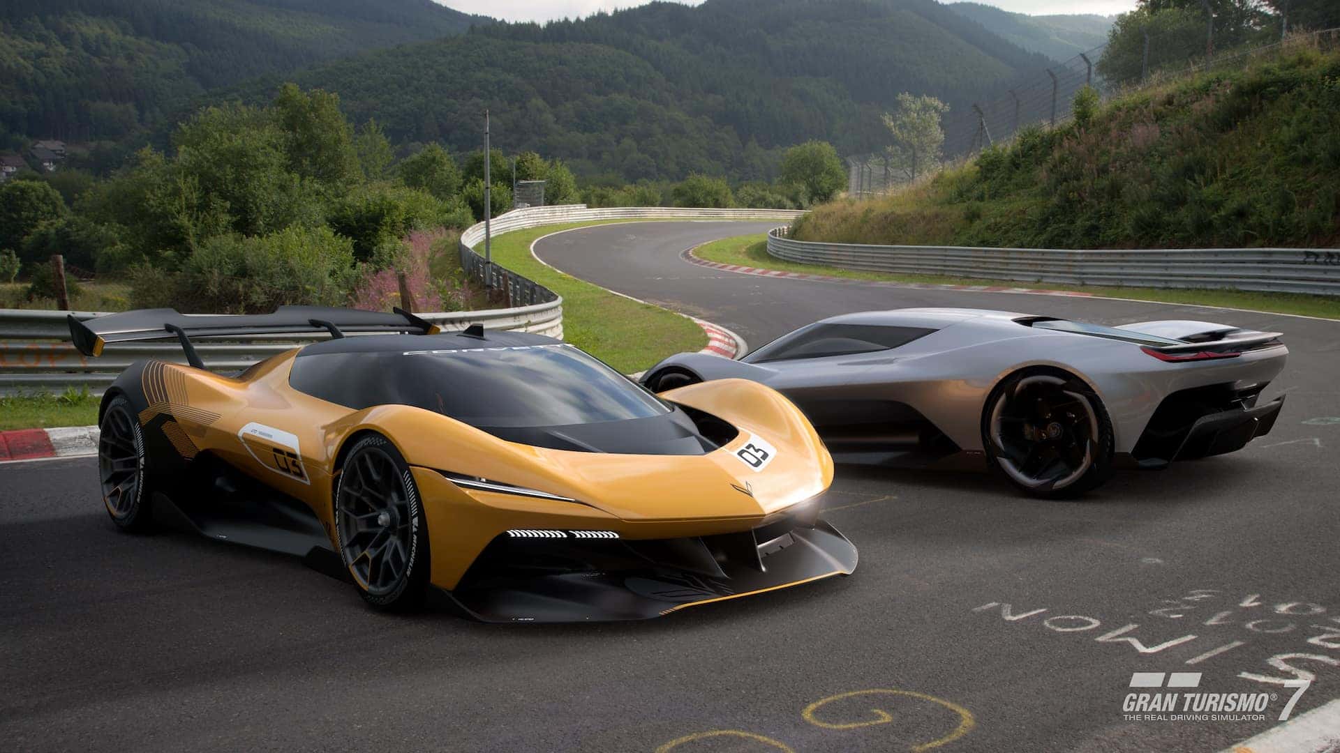 Corvette CX and CX.R Vision Gran Turismo at Nürburgring in Sony’s Gran Turismo 7. Concept vehicles shown. Not available for sale.