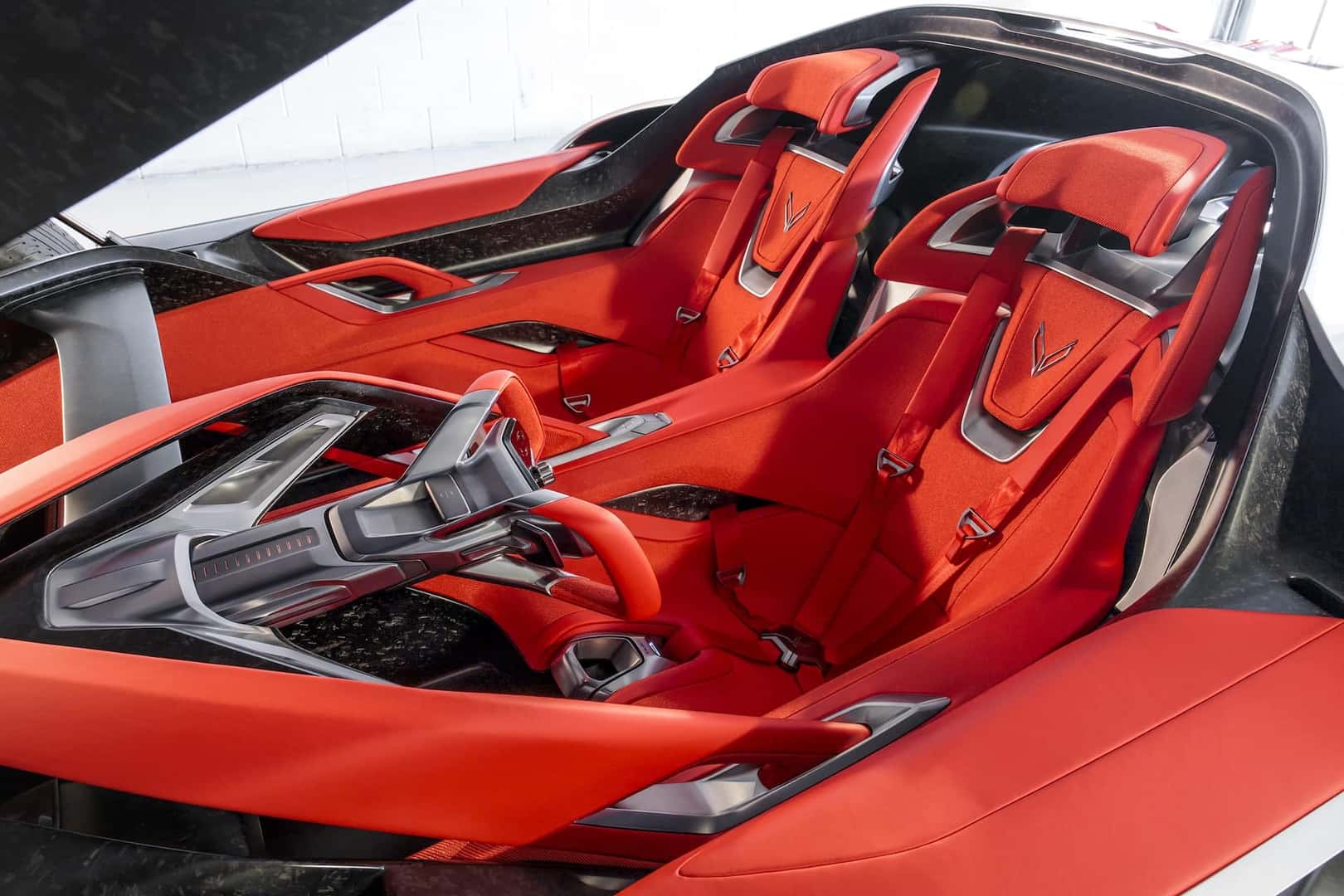 Corvette CX interior in Inferno Red. Concept vehicle shown. Not available for sale.