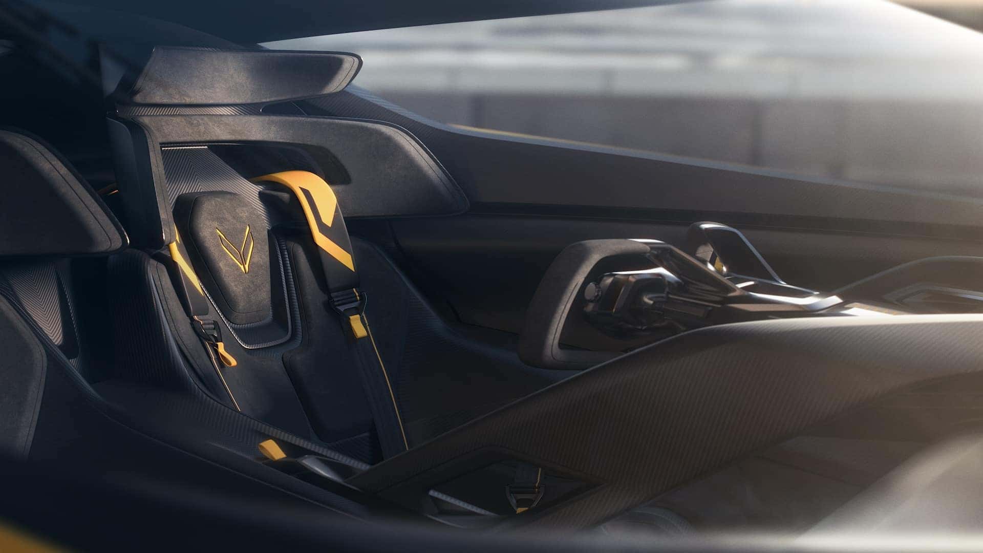 Corvette CX.R Vision Gran Turismo interior in yellow and black. Concept vehicle shown. Not available for sale.