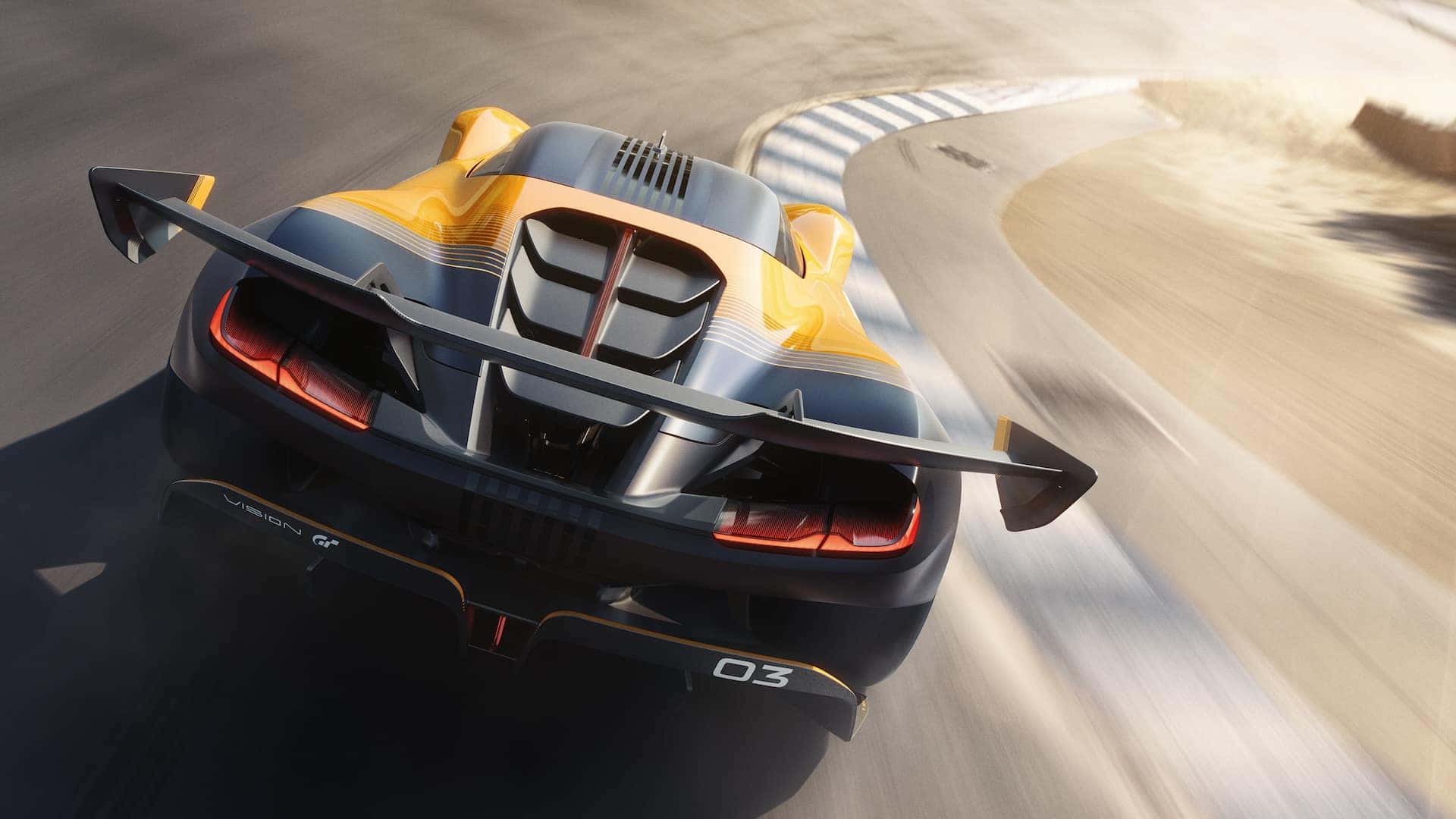 Rear action shot of Corvette CX.R Vision Gran Turismo. Concept vehicle shown. Not available for sale.