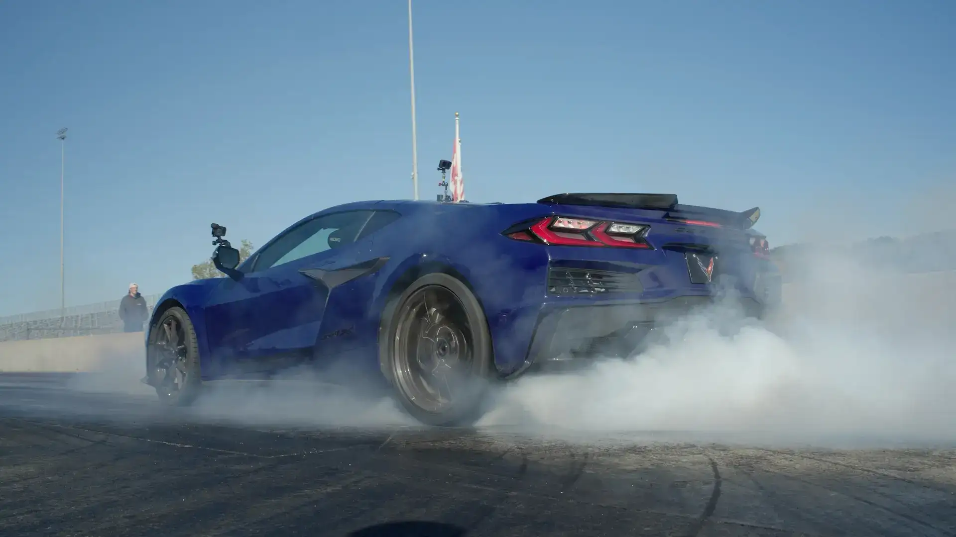 Corvette ZR1X on a drag race track generating smoke