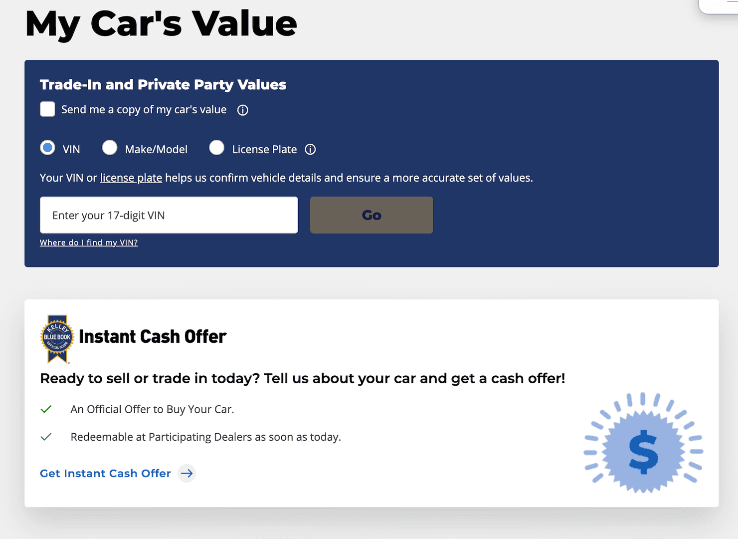 Kelley Blue Book My Car's Value page