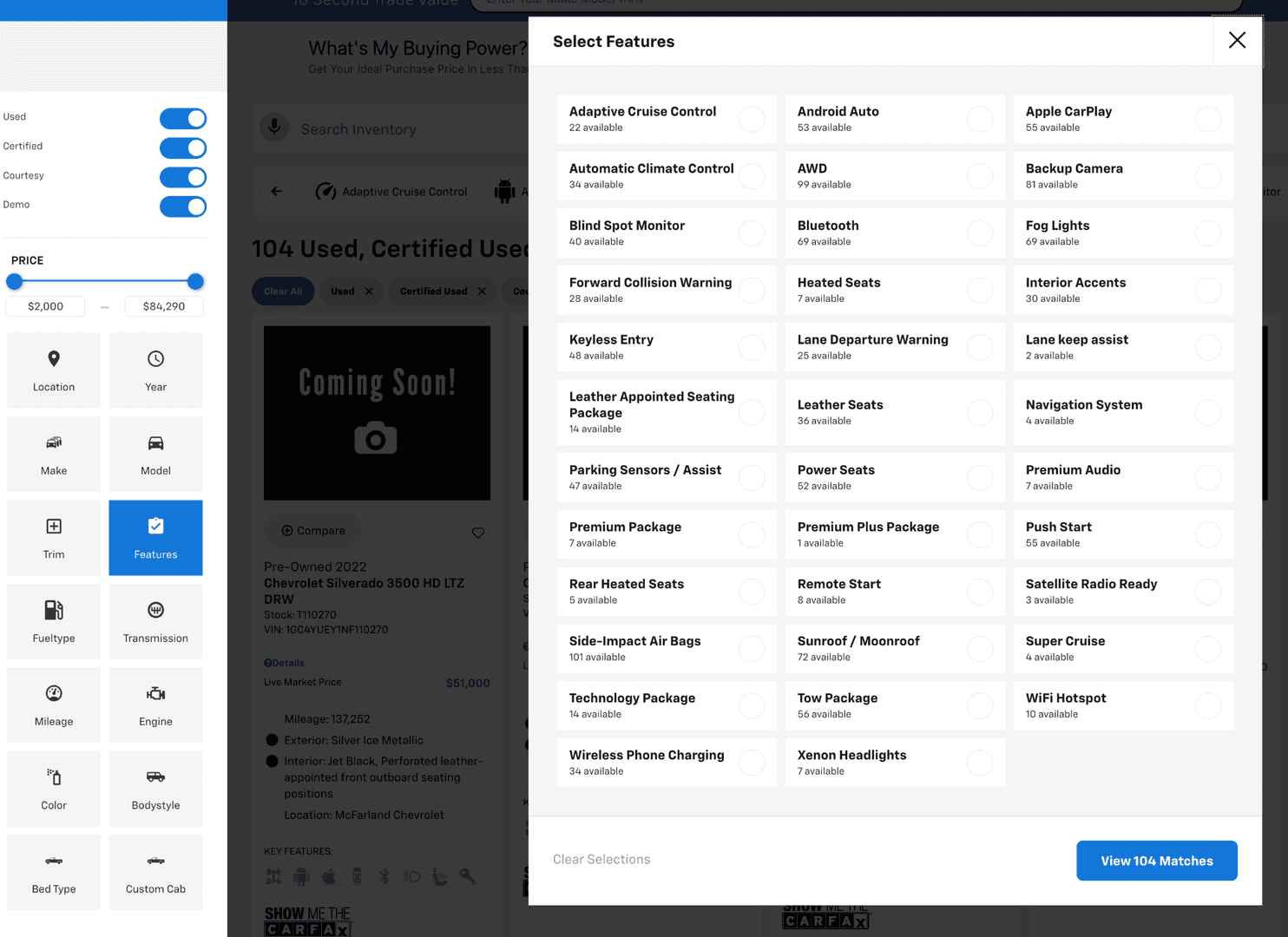 The Features Filter Available On The Barry Chevrolet Store's Website, Making It Convenient To Find The Pickup Truck With The Features You Want