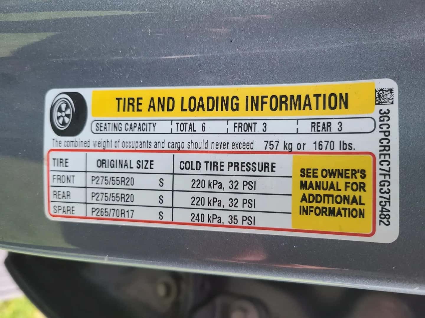 The Dependable Towing Master, The Chevy Silverado, Door's Detailed Tire And Loading Information Sticker