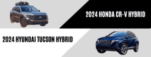 A Gray 2024 Honda CR-V Hybrid Carrying Cargo On the Roof and a Blue 2024 Hyundai Tucson Hybrid