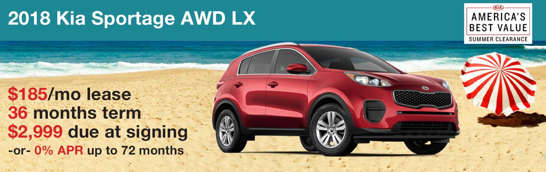 Lease a Sportage AWD LX for $185 per month with $2,999 due at signing or 0% APR financing up to 72 months