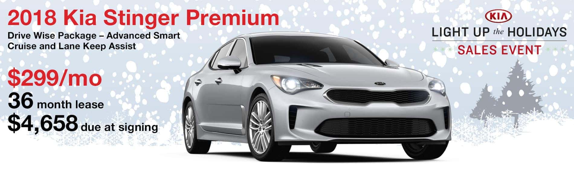 Lease a 2018 Stinger Premium for $299 per month with $4,658 due at signing
