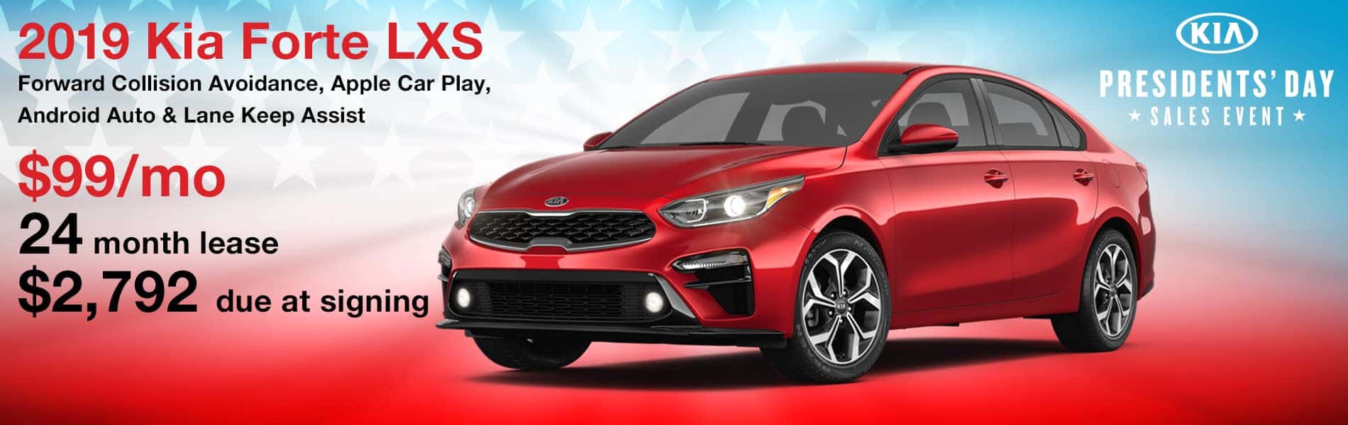 Lease a 2019 Forte LXS for $99 per month with $2,792 due at signing