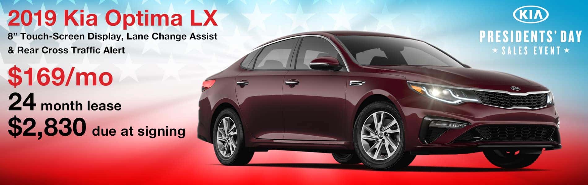 Lease a 2019 Optima LX for $169 per month with $2,830 due at signing.