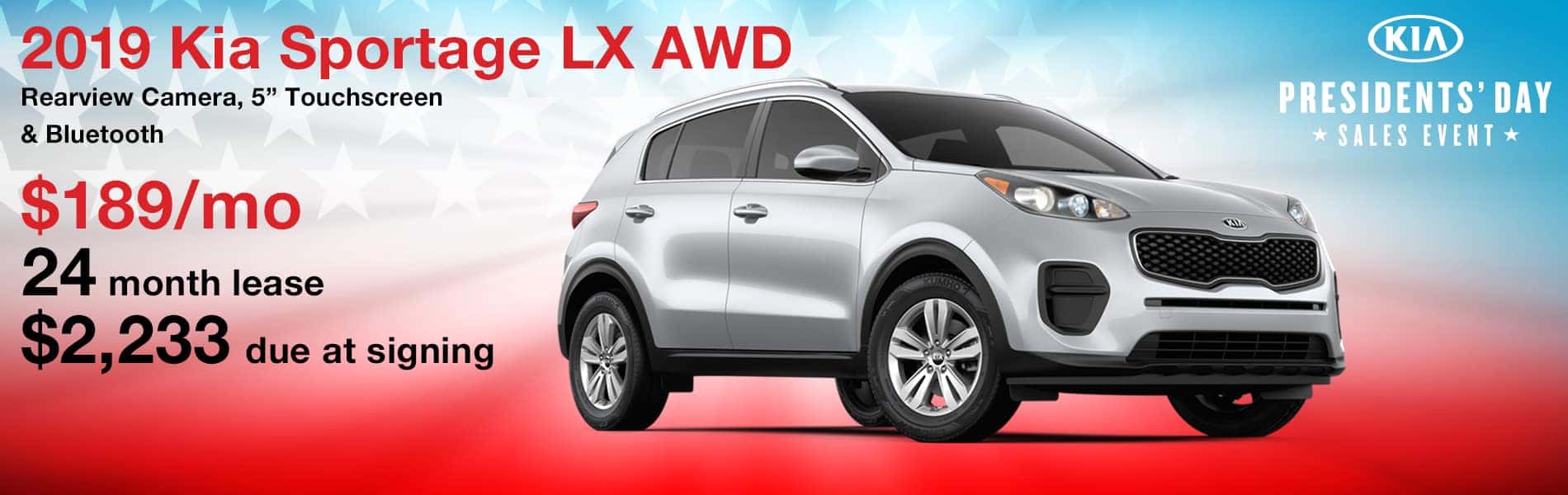 Lease a 2019 Kia Sportage LX AWD for $189 per month with $2,233 due at signing