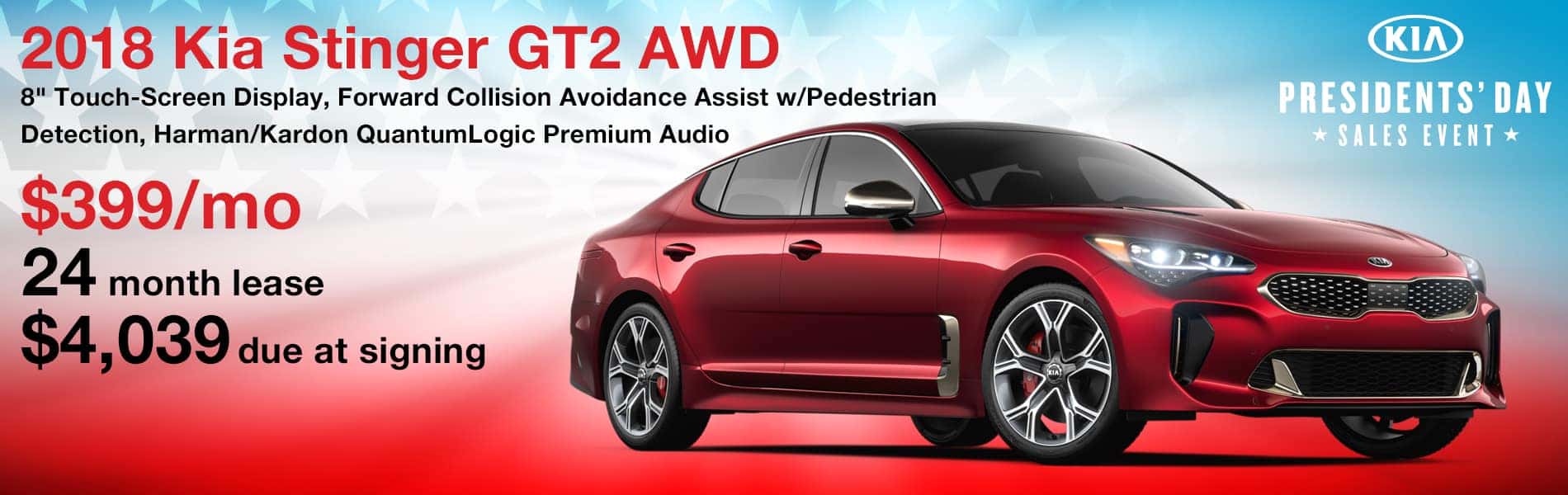 Lease a 2018 Stinger GT2 AWD for $399 per month with $4,039 due at signing