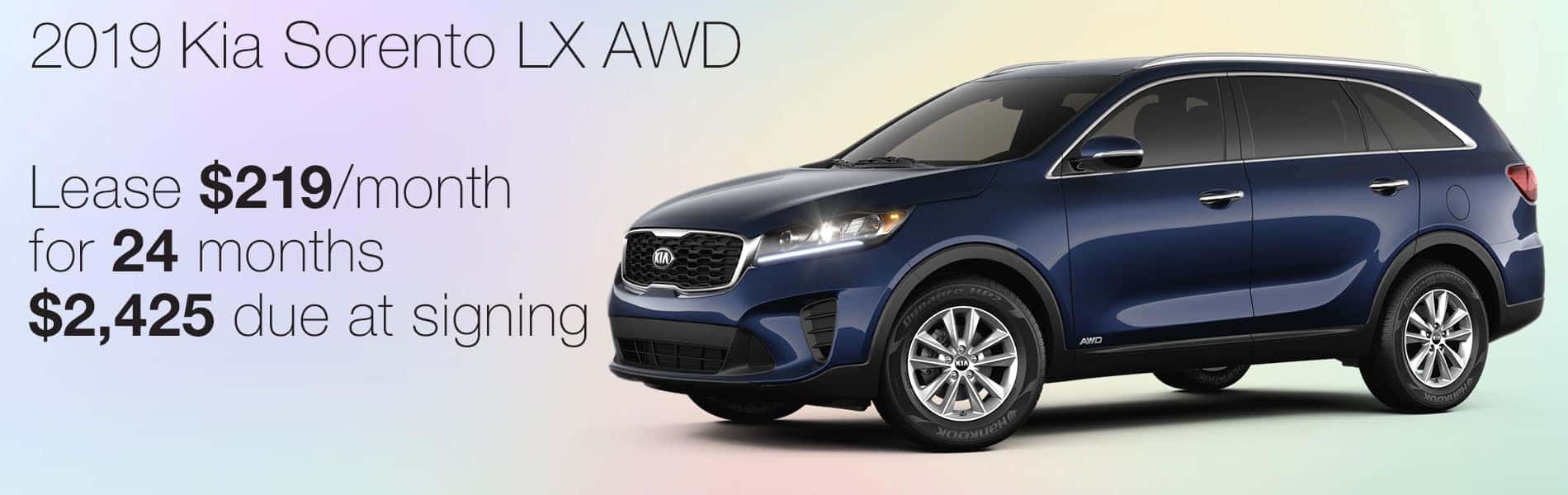 Lease a 2019 Kia Sorento LX AWD for $219 per month with $2,425 due at signing