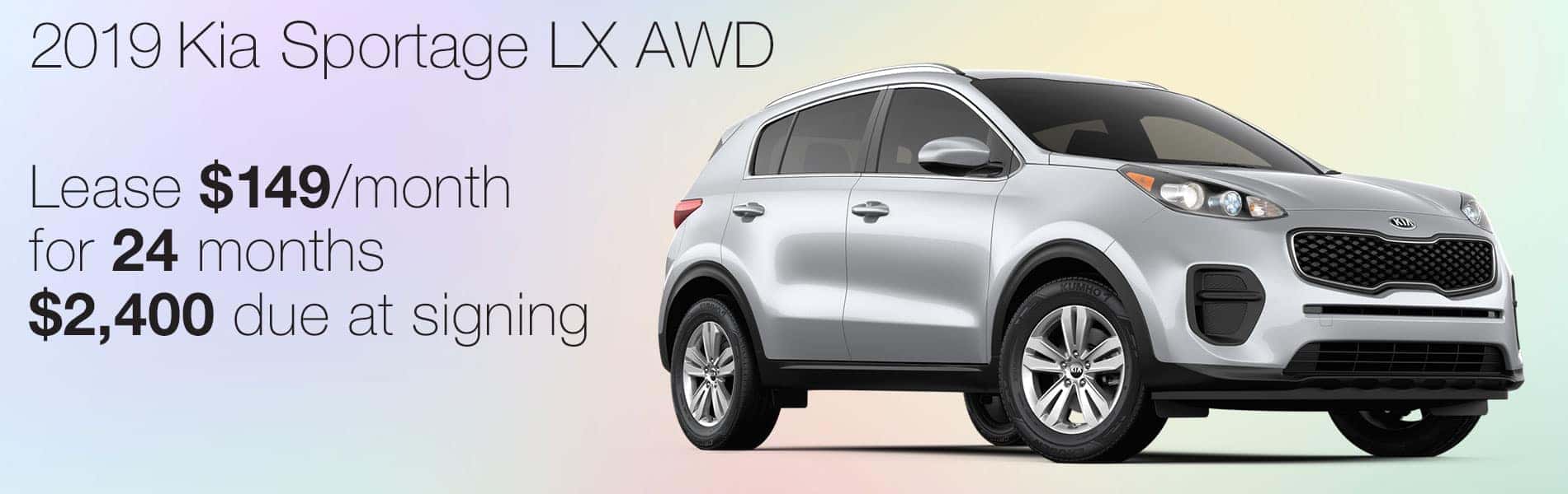 Lease a 2019 Kia Sportage LX AWD for $149 per month with $2,400 due at signing
