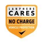 A yellow shield reading Lanphere Cares No Charge Vehicle Protection