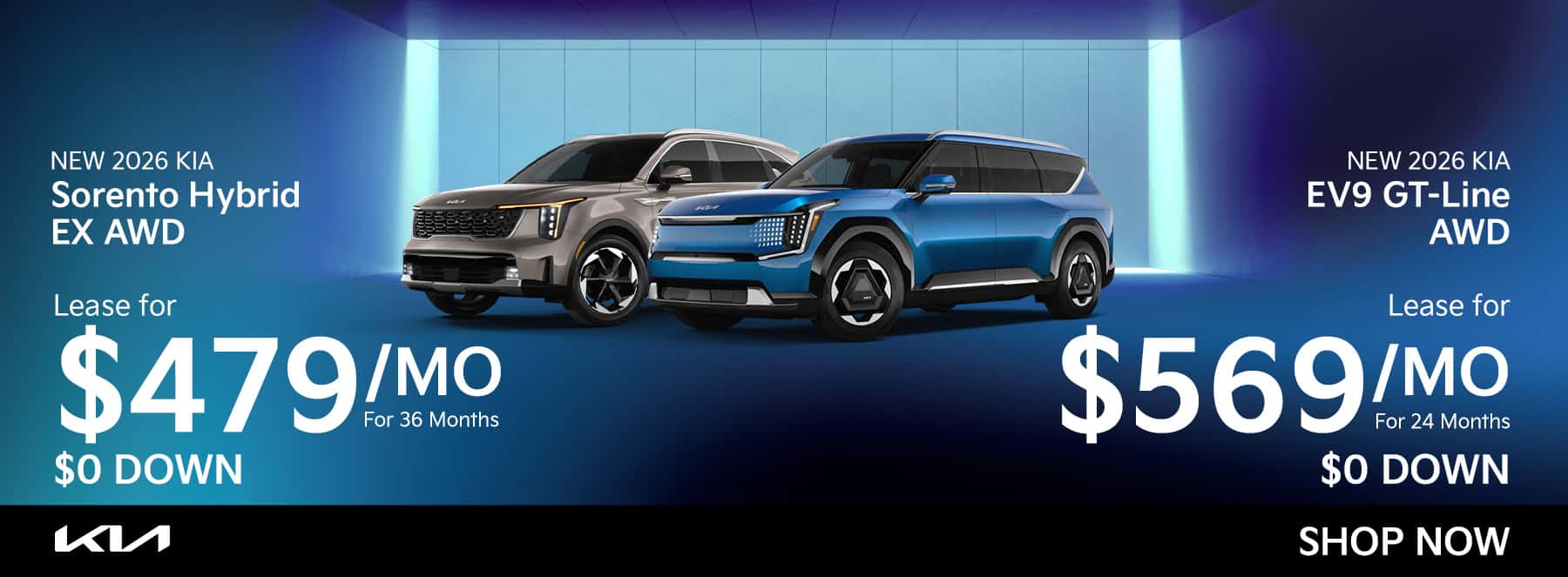 Lease a Kia Sorento Hybrid EX for 479 or EV9 GT-Line for 569 with zero down
