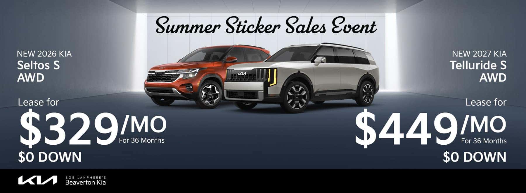Lease a Kia Seltos S for 329 or Telluride S for 449 with zero down