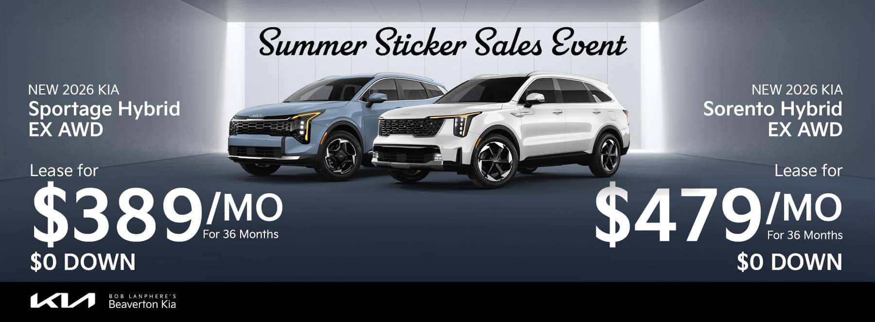 Lease a Kia Sportage Hybrid for 389 or Sorento Hybrid for 479 with zero down