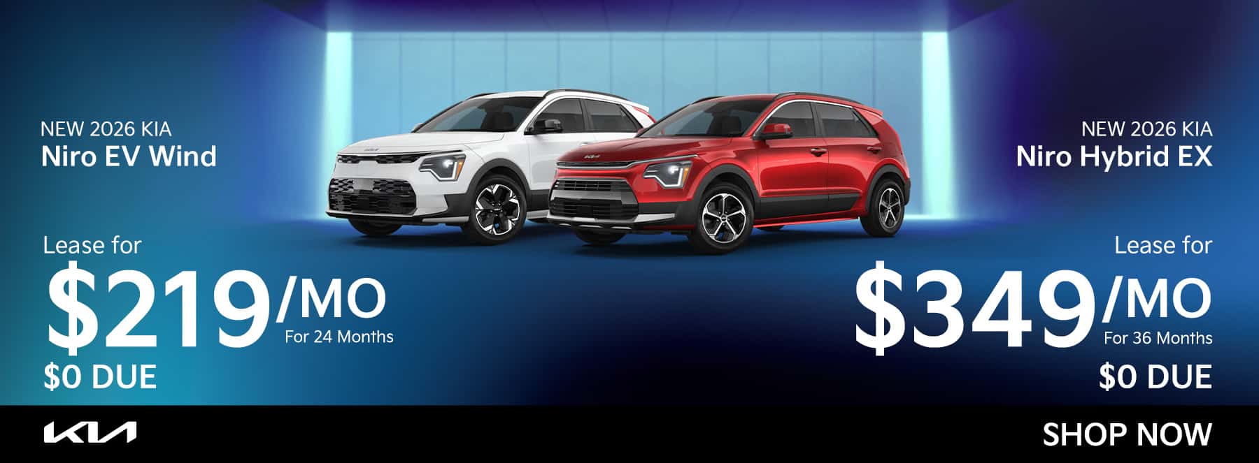 2026 Kia Niro EV Wind for 219 a month or a 2026 Kia Niro Hybrid EX for 349 a month both with 0 due
