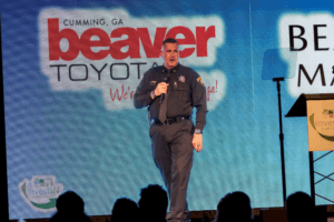 Speaking on a stage