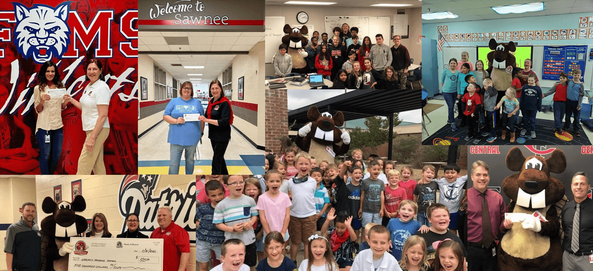 College of Beaver Mascot and Team Members presenting $500 Check to Teachers