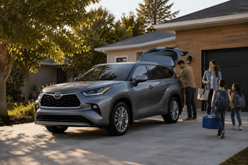 Family loading a gray Toyota Highlander SUV on a suburban driveway