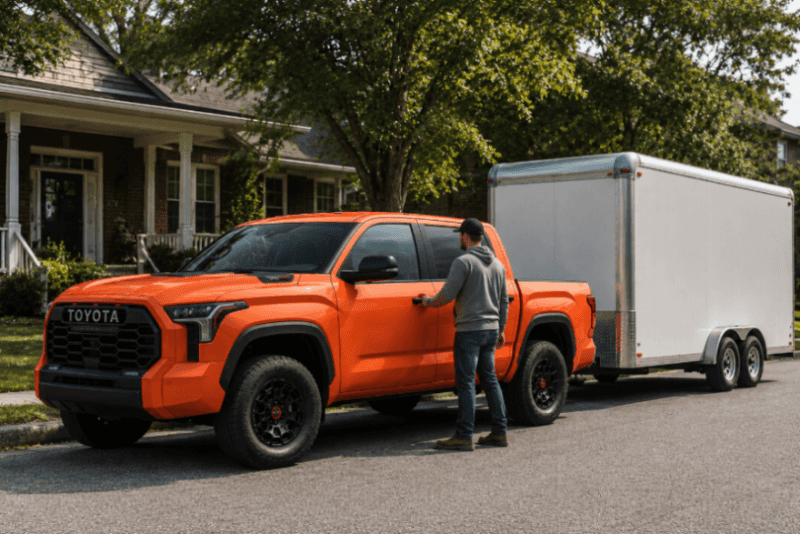 Orange Toyota Tundra pickup towing a cargo trailer