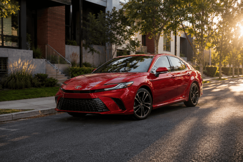 Red Toyota Camry sedan on a daily commute