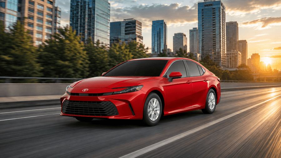 Red Toyota Camry driving through a modern city for efficient daily commuting