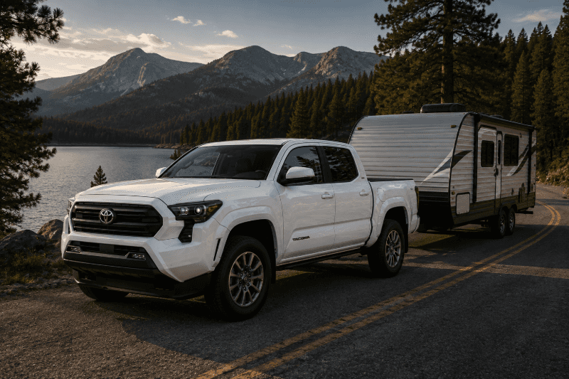 Toyota Tacoma towing a camper lakeside near a mountain