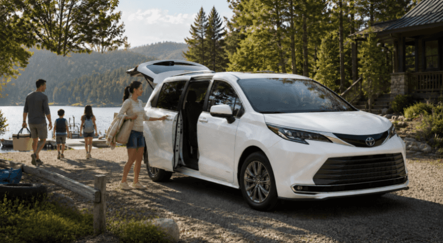 White Toyota Sienna parked by a lakeside cabin