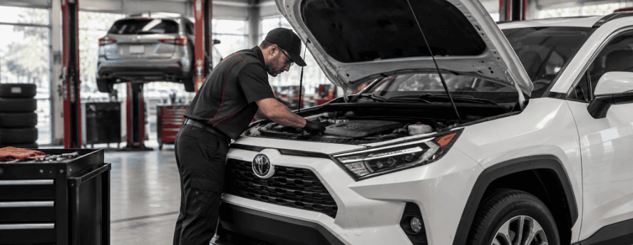 Toyota technician inspecting a RAV4 during recall service in Cumming, GA