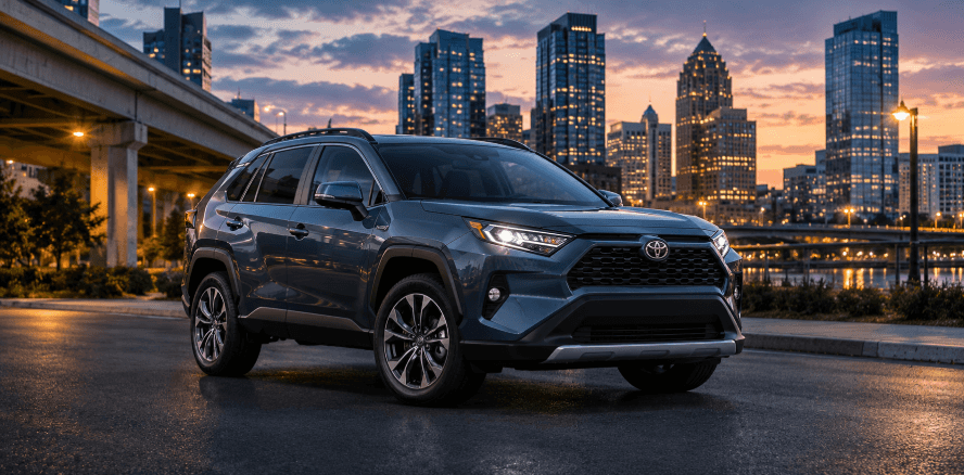 Used Toyota RAV4 Hybrid SUV parked on a city street at dusk with an urban skyline in the background