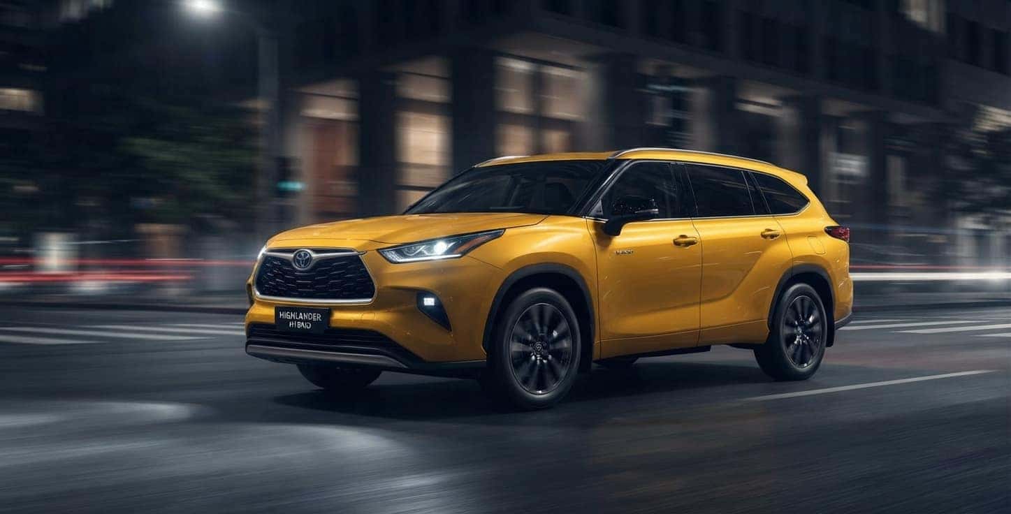 Yellow Toyota Highlander Hybrid driving through the city at night