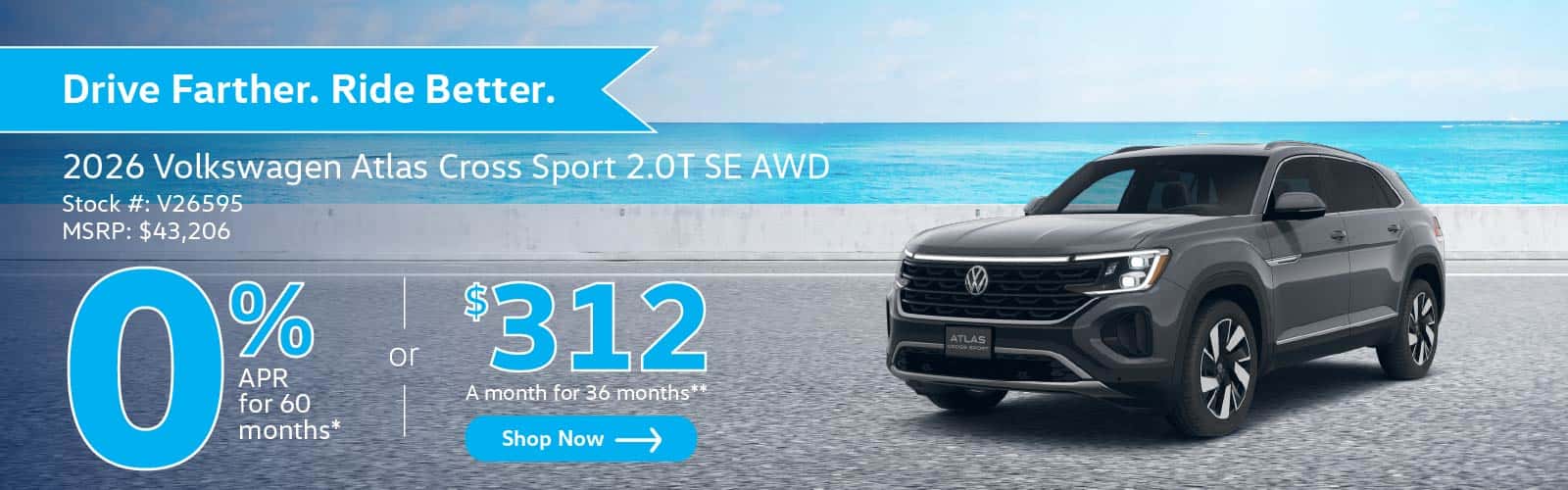 2026 Atlas Cross Sport 0% APR for 60 months or $312 a month for 36 months