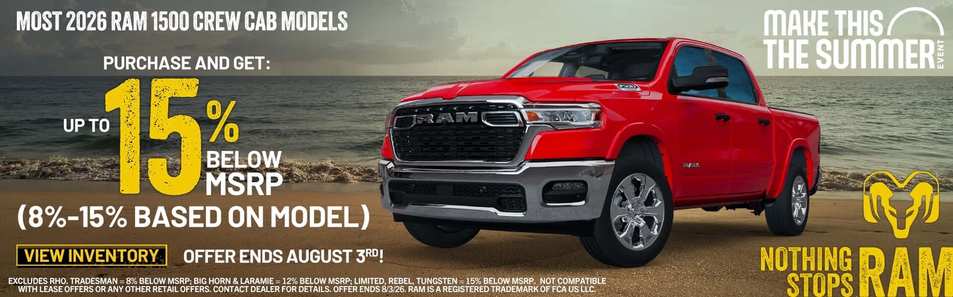 MOST 2026 RAM 1500 CREW CAB MODELS PURCHASE AND GET UP TO 15% BELOW MSRP (8% - 15% BASED ON MODEL)