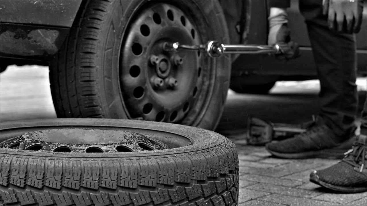 Servicing a tire at Byers Chevy in the Grove City, Ohio area