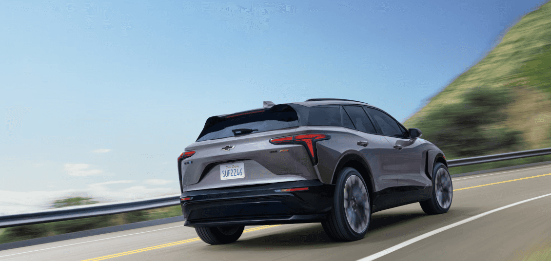 Rear of gray 2025 Chevy Blazer EV for sale in Grove City, OH