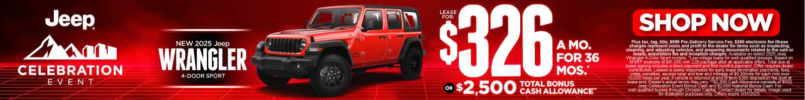 2025 Jeep Wrangler 4-Door Sport $326 for 36 months* or $2,500 Total Cash Allowance**