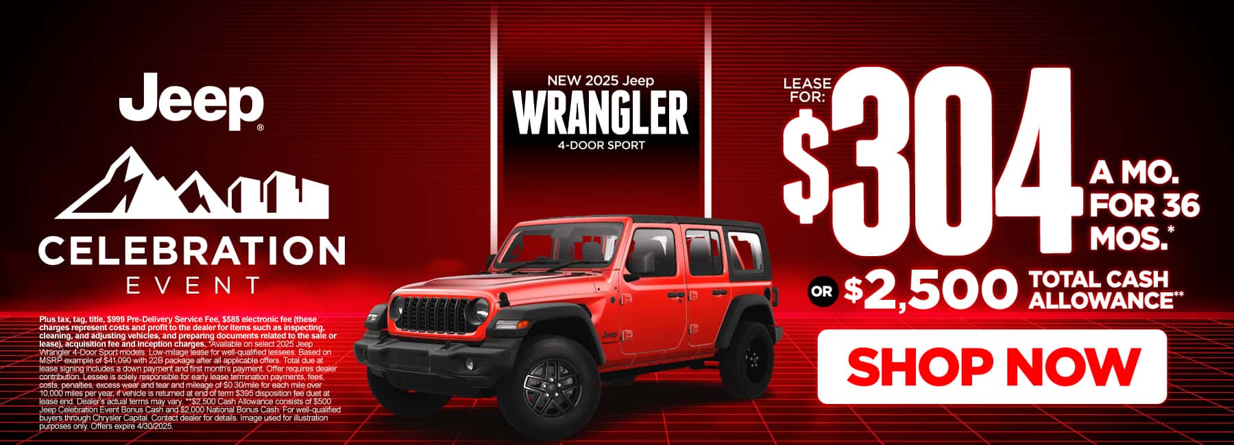 2025 Jeep Wrangler 4-Door Sport $304 for 36 months* or $2,500 Total Cash Allowance**