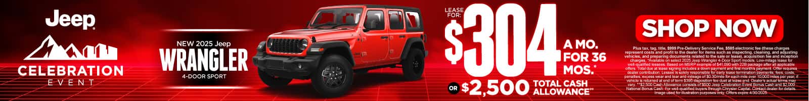 2025 Jeep Wrangler 4-Door Sport $304 for 36 months* or $2,500 Total Cash Allowance**