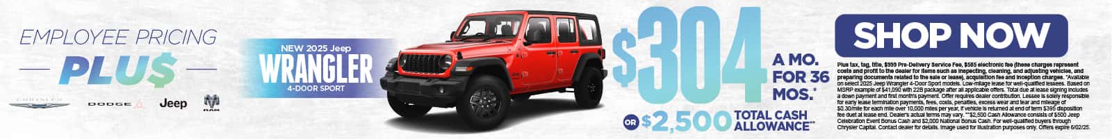 New 2025 Jeep Wrangler 4-Door Sport $304 for 36 months* or $2,500 Total Cash Allowance**