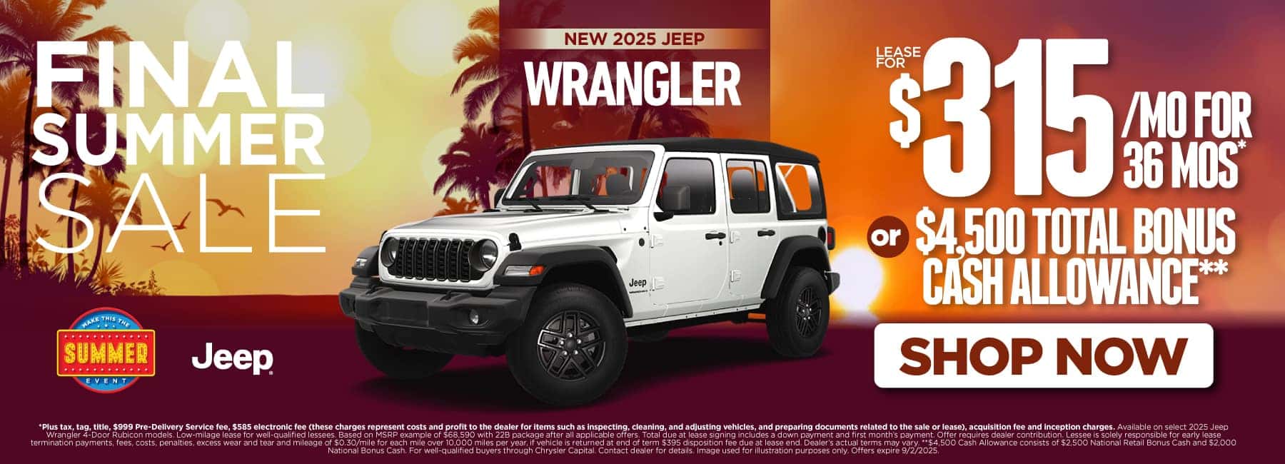 New 2025 Jeep Wrangler Lease for $315 a month for 36 months* or $4,500 Total Bonus Cash Allowance**