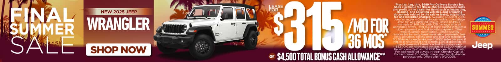 New 2025 Jeep Wrangler Lease for $315 a month for 36 months* or $4,500 Total Bonus Cash Allowance**