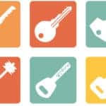 Modern and Antique Keys Icons on Orange, Red, Green, and Yellow Backgrounds