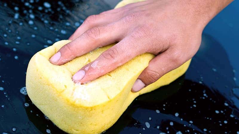 Woman using sponge to wash car