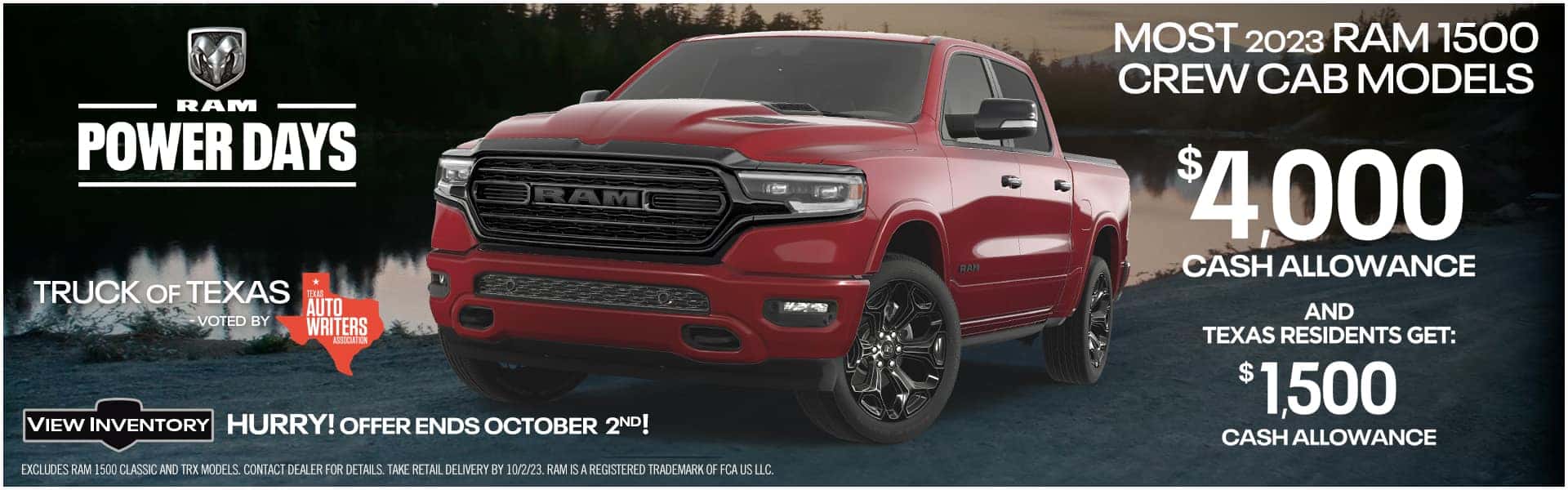 Most 2023 RAM 1500 Crew Cab Models - $4000 cash allowance and TX residents get $1500 cash allowance
