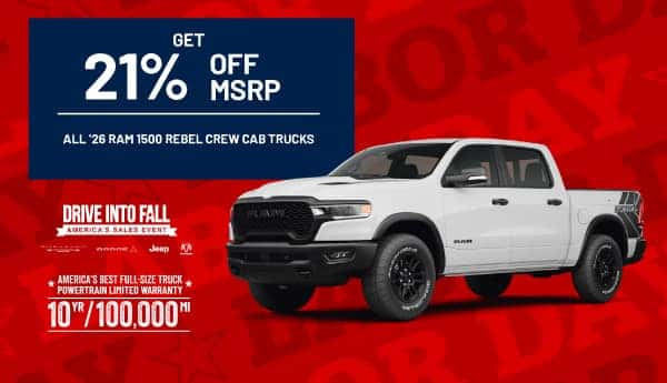 Purchase a new 2026 RAM 1500 Rebel Crew Cab Truck and take 21% Off MSRP!