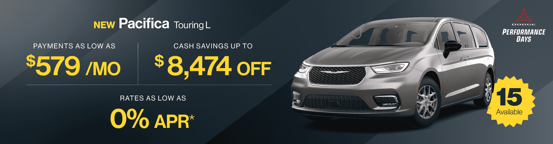 2024 Pacifica Touring L : Cash savings up to up to $8,474 off - Payments as low as $579 per month - Rates as low as 0% APR